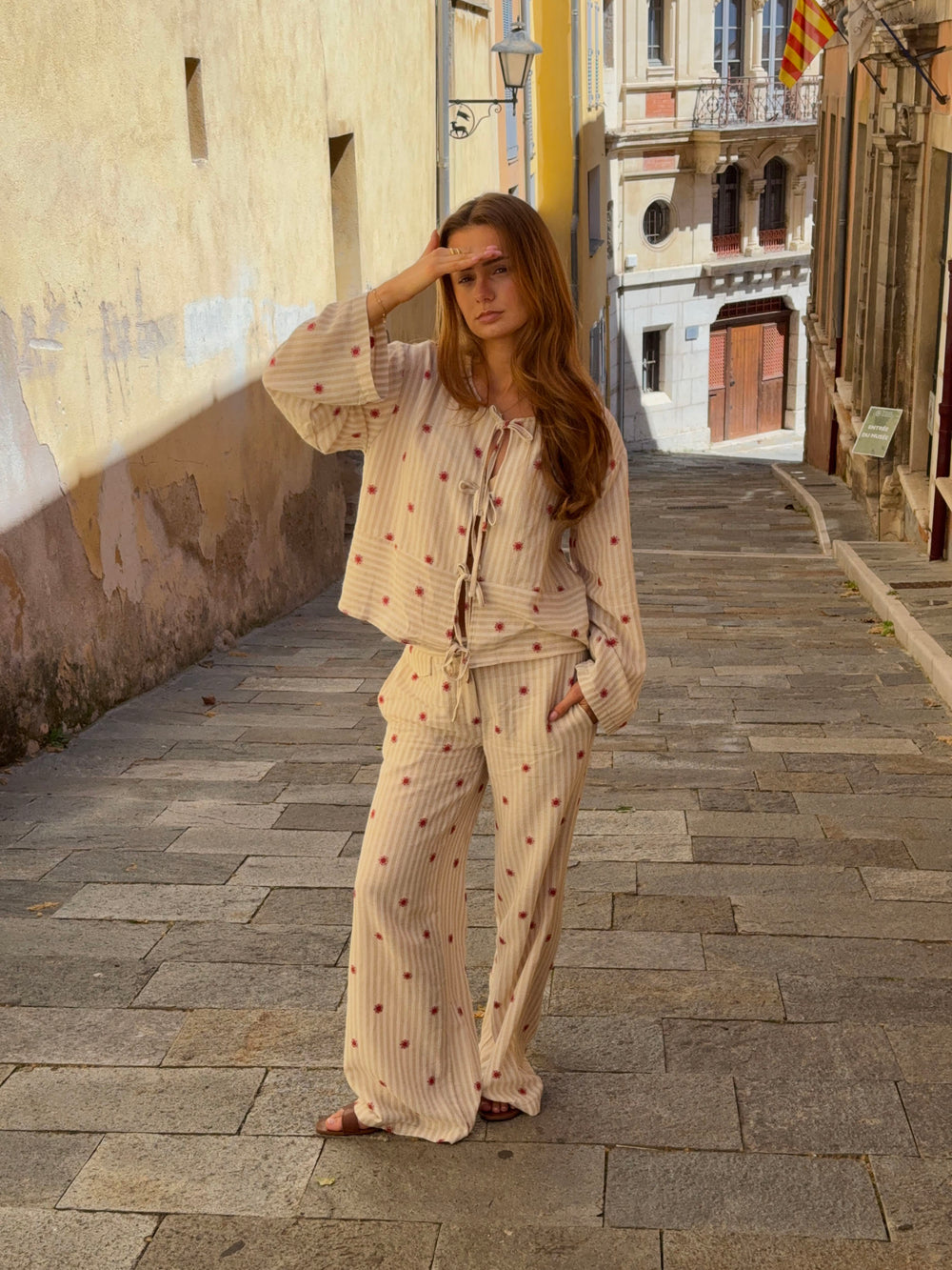 Mireille bukser med sol mønster - Beige/rød