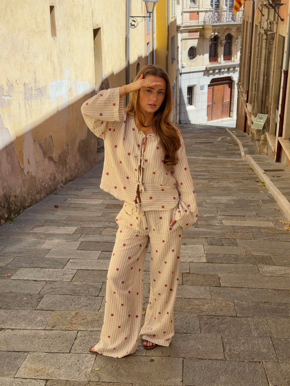 Mireille bukser med sol mønster - Beige/rød