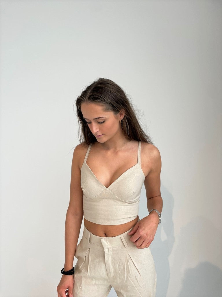 Saira hør top - Lys beige