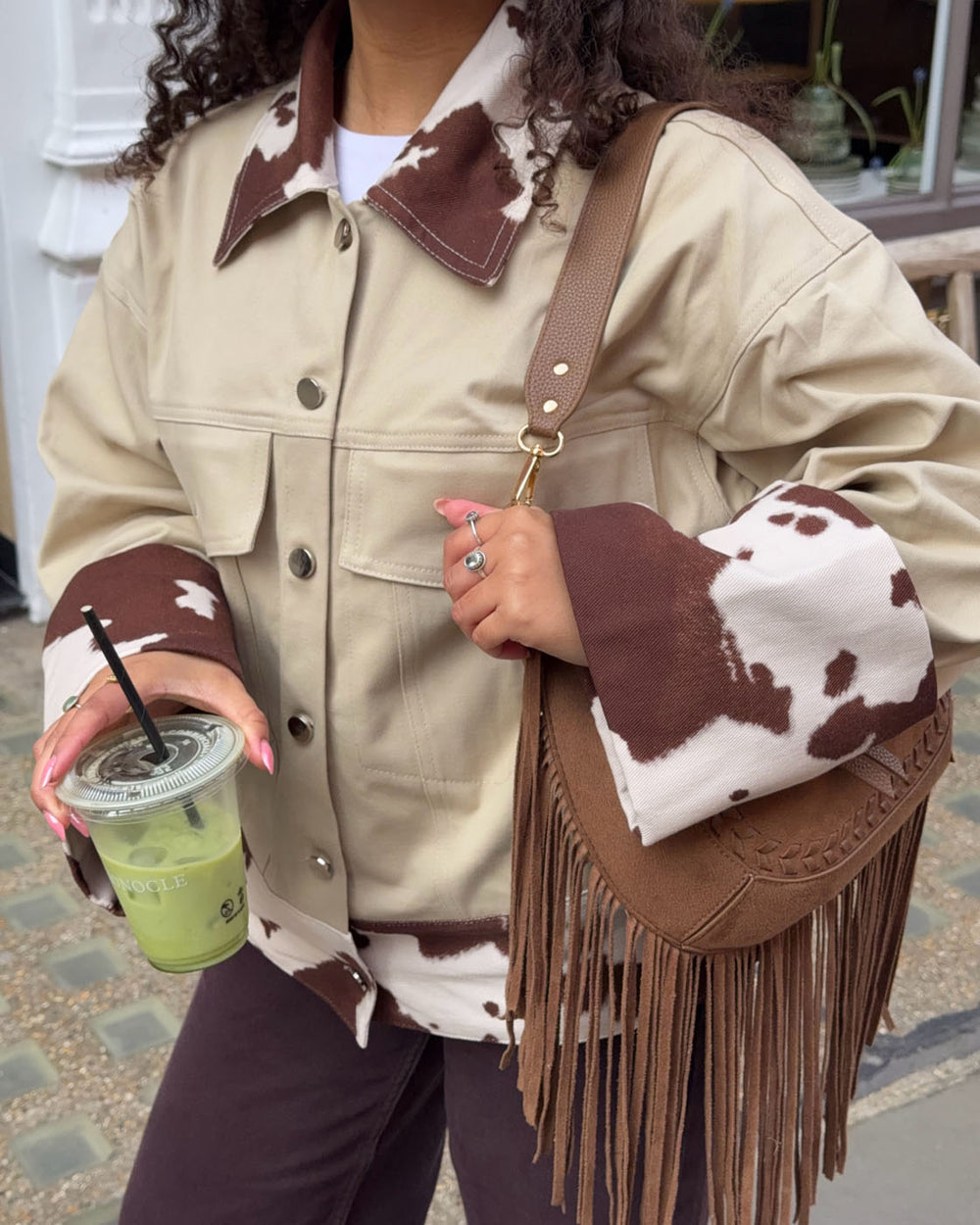 Scandivv denimjakke med koprint - Beige/brun/hvid
