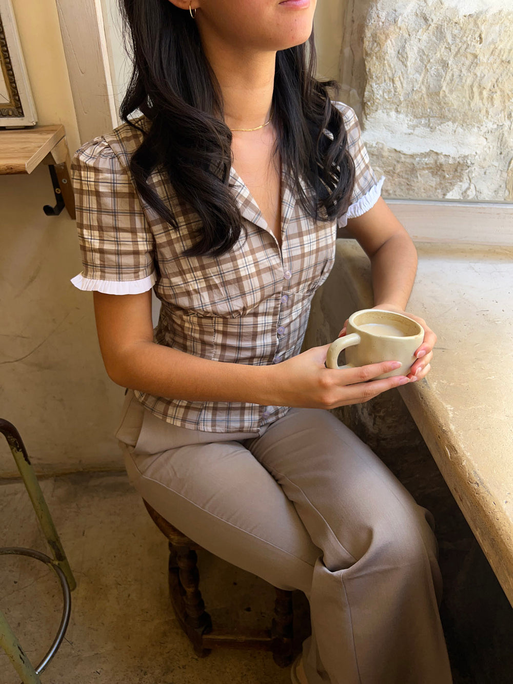 Kassandra figursyet skjorte med tern - Lysebrun/hvid