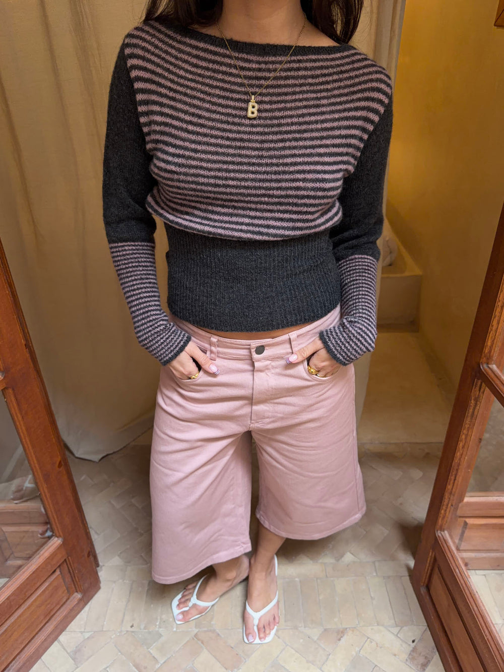 Margo figursyet strik med striber - Grå/lyserød