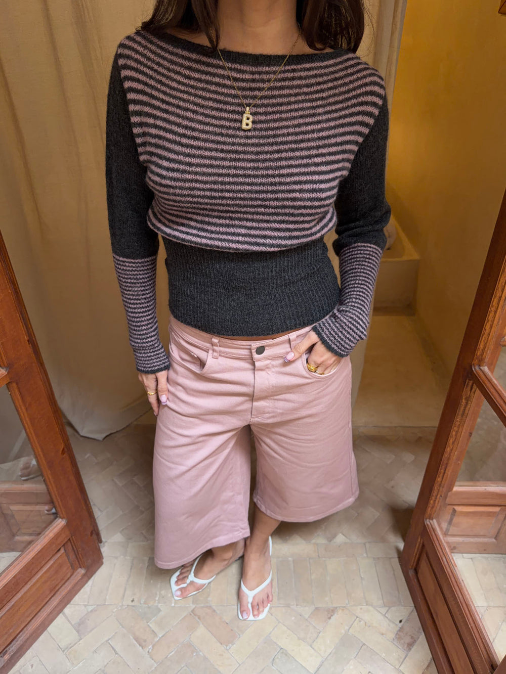 Margo figursyet strik med striber - Grå/lyserød