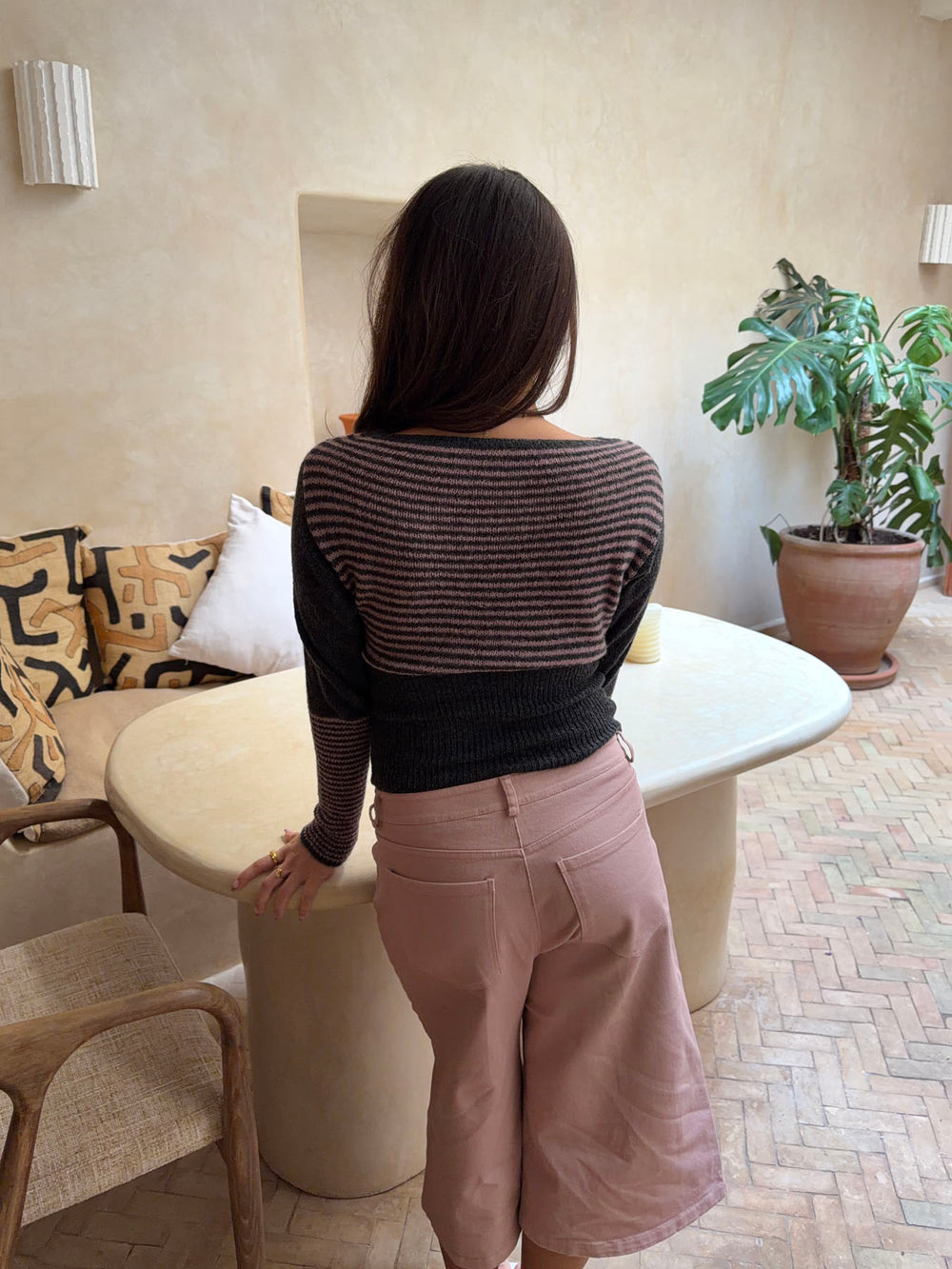 Margo figursyet strik med striber - Grå/lyserød