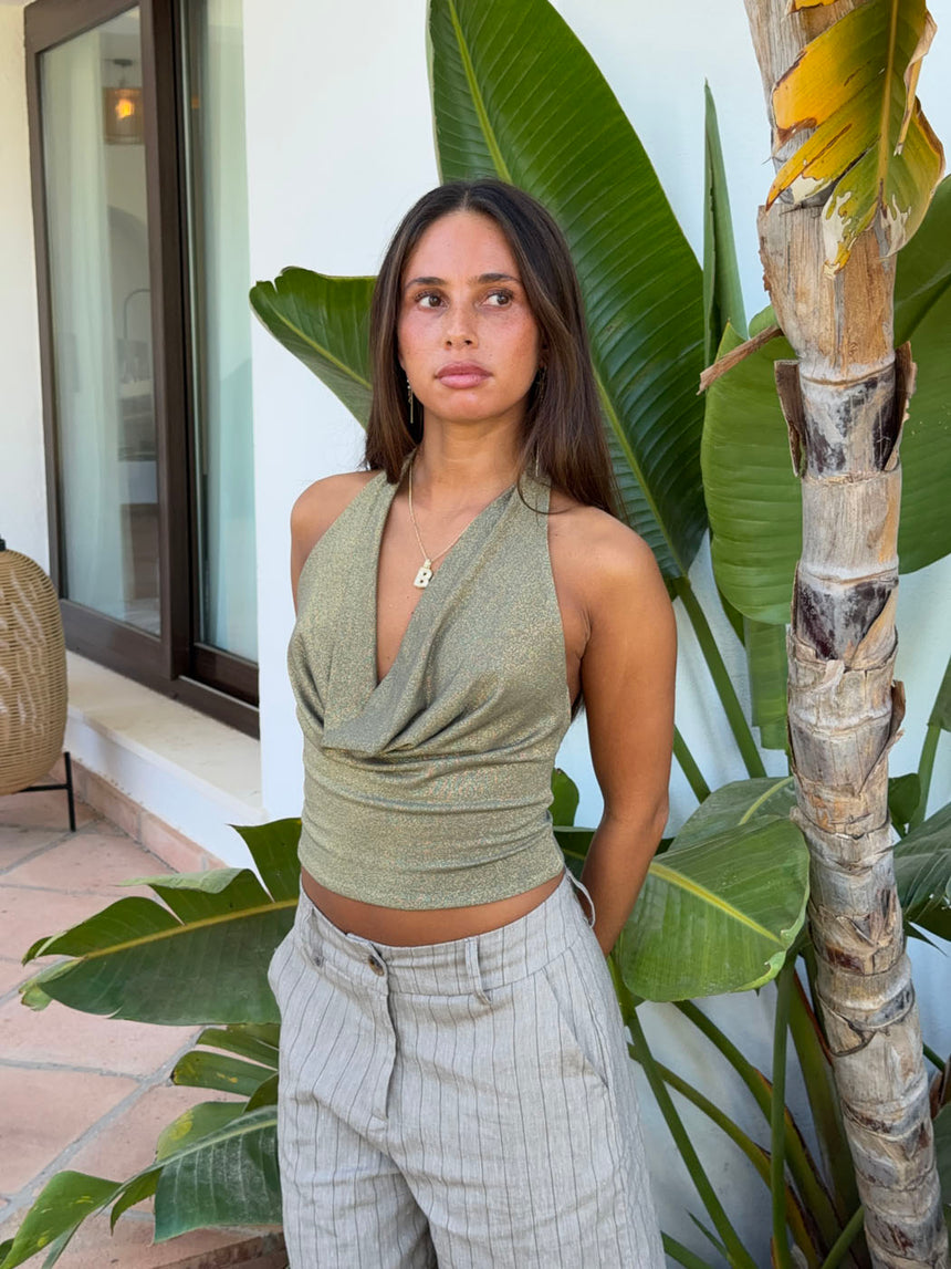 Martha halterneck top med glimmer - Kaki