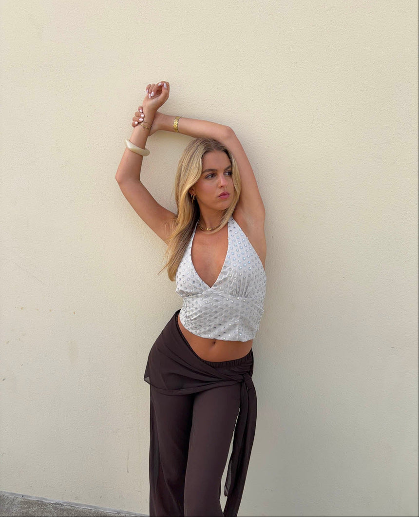 Stiney halterneck top med palietter - Beige