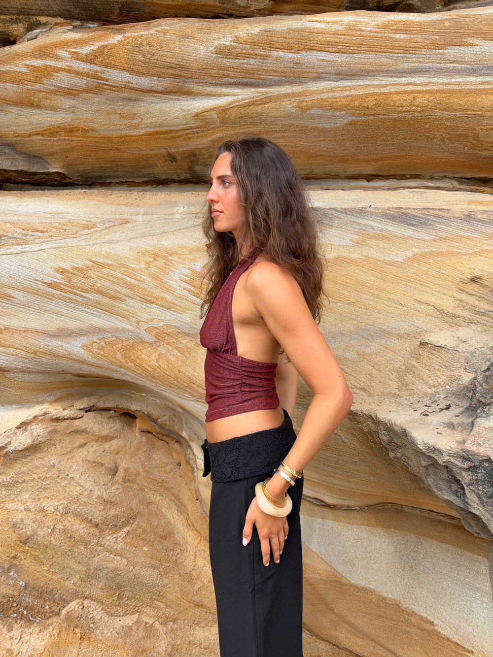 Mira halternecktop med glimmer - Rust