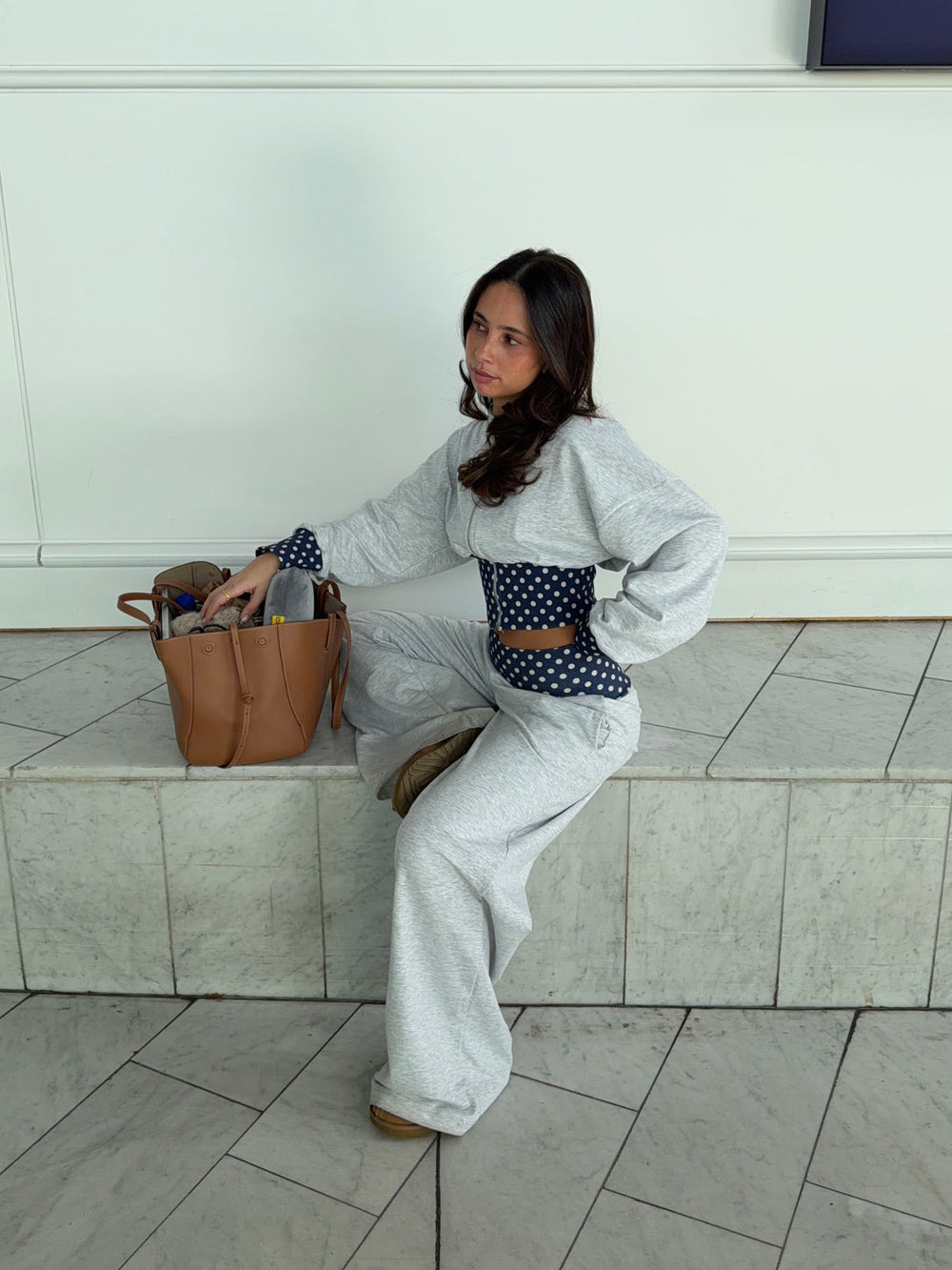 May hoodie med polkaprikker - Grå/navy/hvid