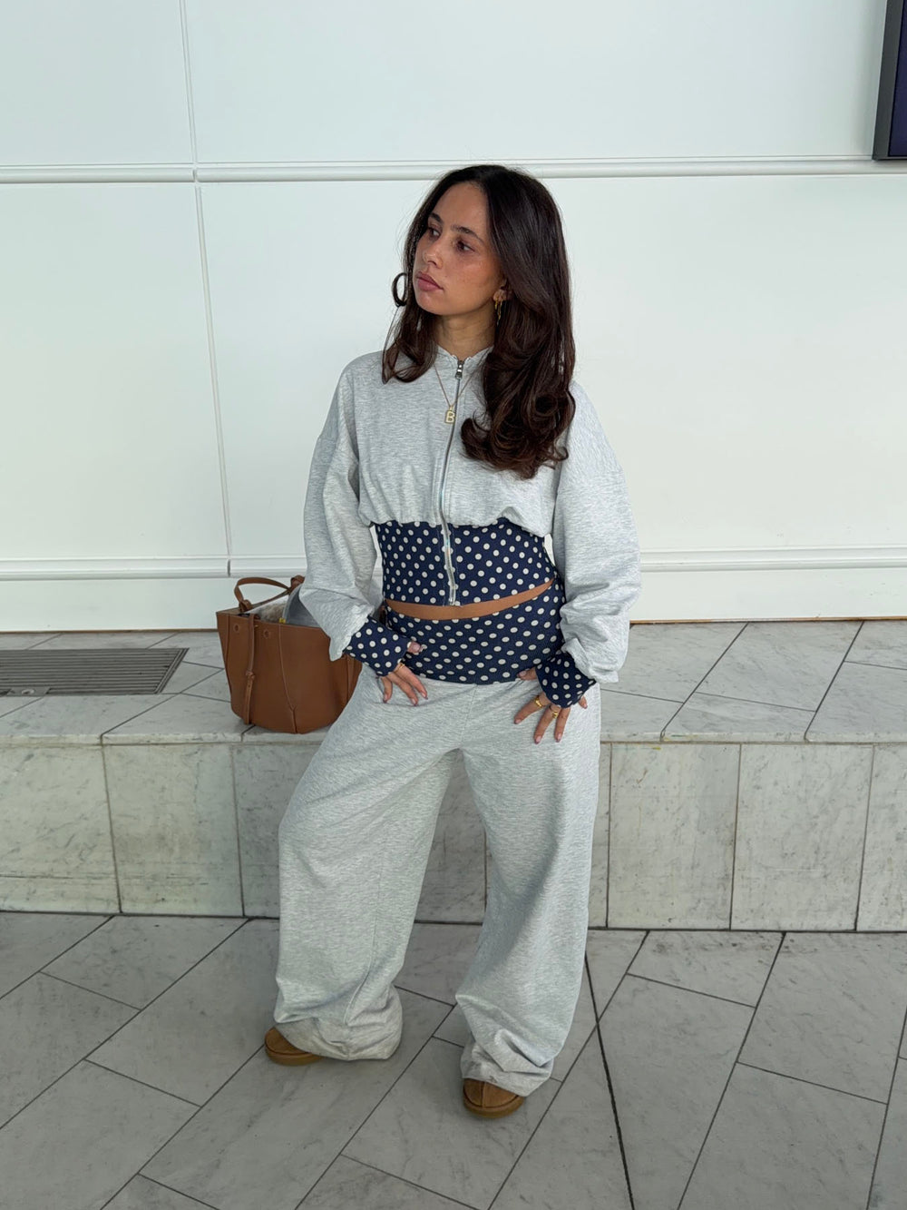 May hoodie med polkaprikker - Grå/navy/hvid