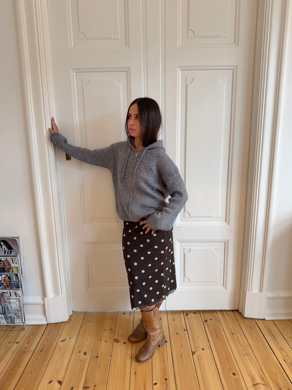 Gregina hoodie med zip i strik - Grå