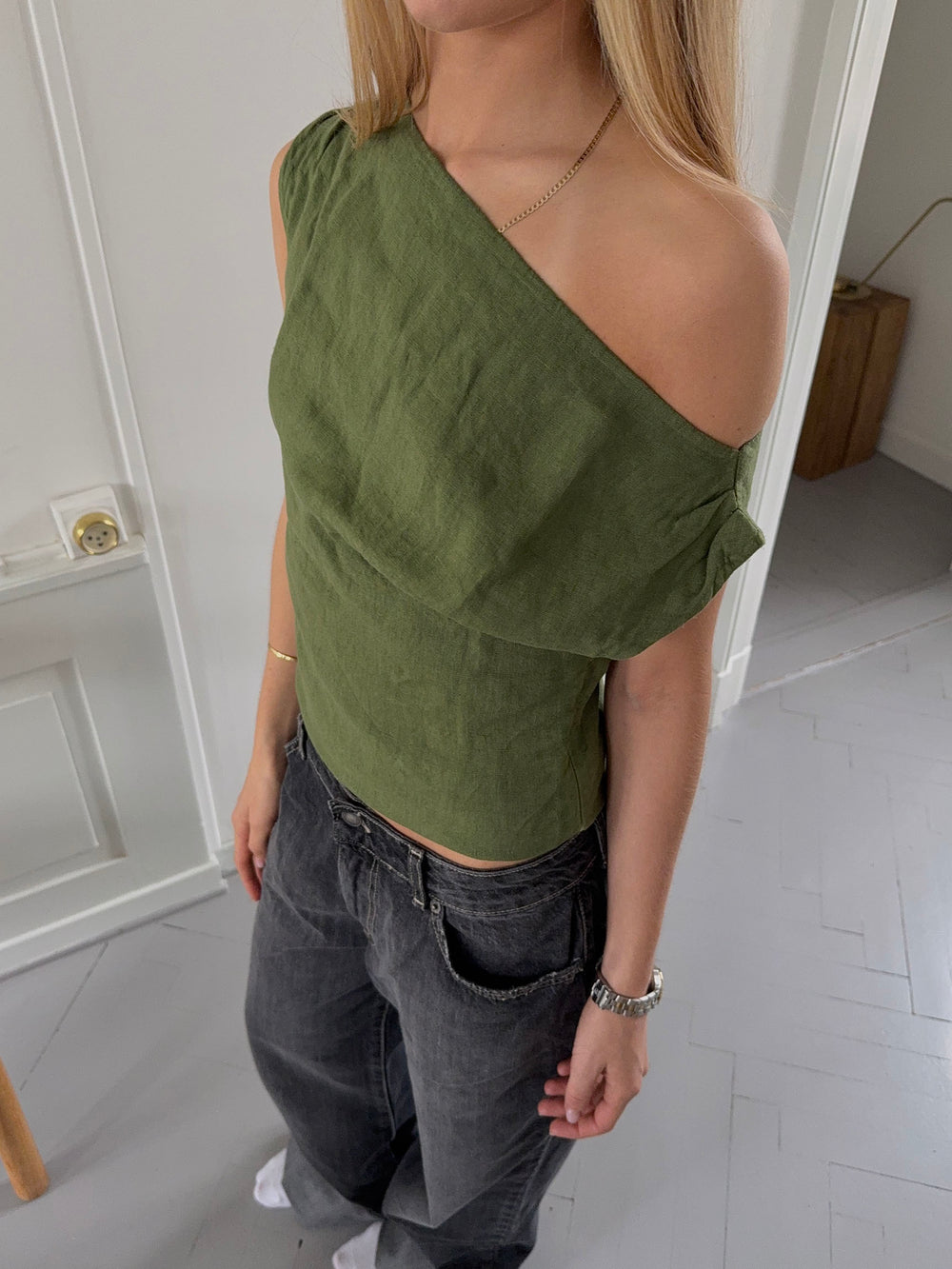 Tiril one shoulder top i hør - Grøn