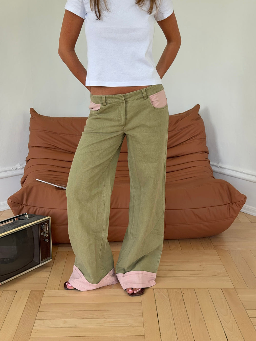 Noala jeans med fold - Kaki/lyserød