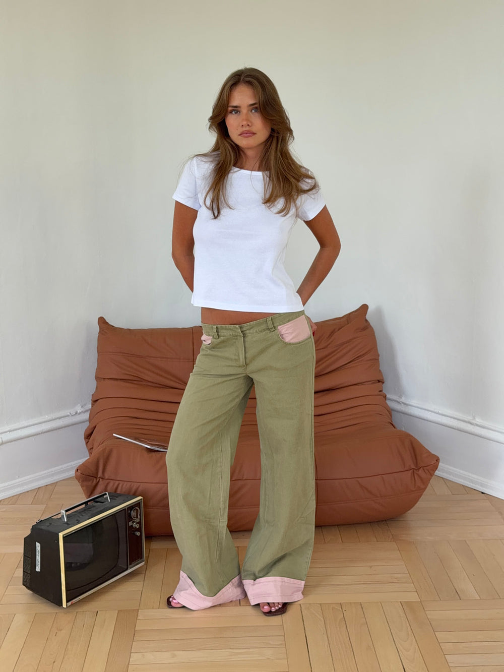 Noala jeans med fold - Kaki/lyserød