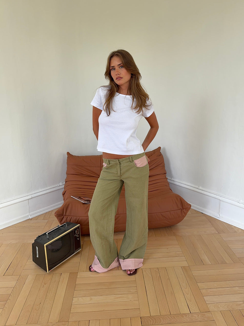 Noala jeans med fold - Kaki/lyserød