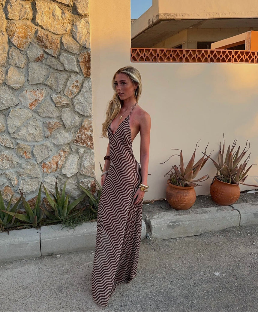 Lunia mesh kjole med åben ryg - Brun/off white