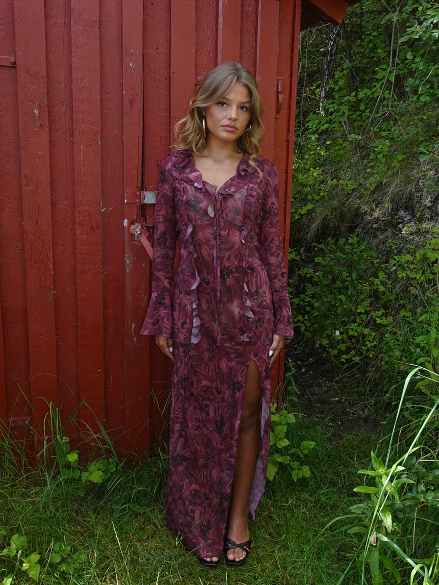 Amy kjole med blomster - Lilla/vinrød