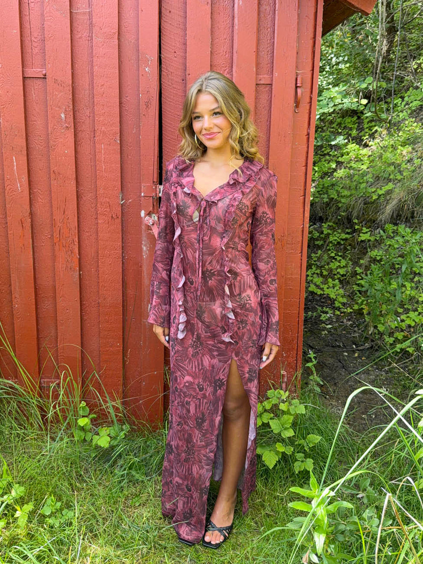 Amy kjole med blomster - Lilla/vinrød