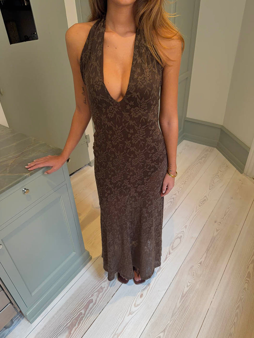 Tulla kjole med blondemønster - Brun