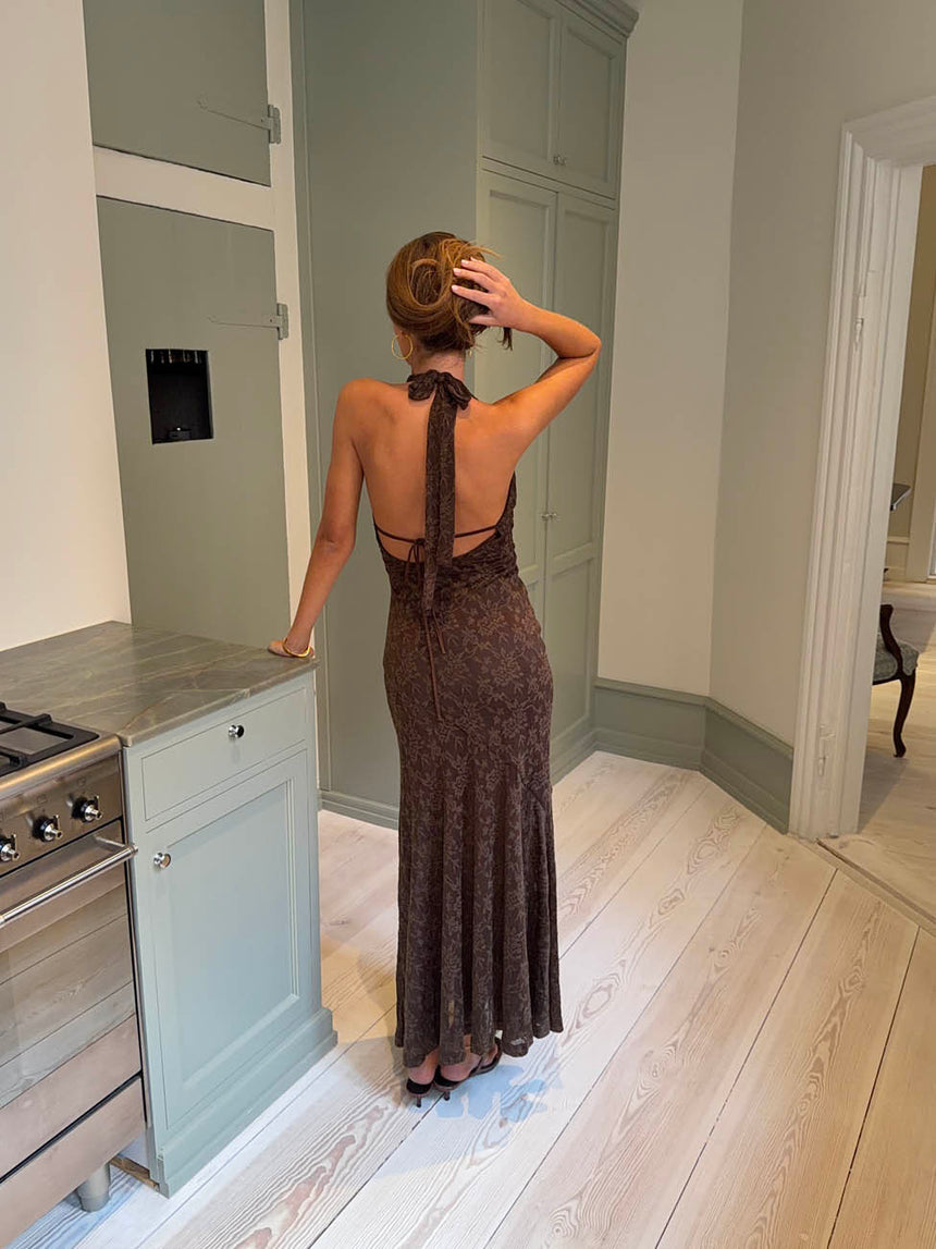 Tulla kjole med blondemønster - Brun