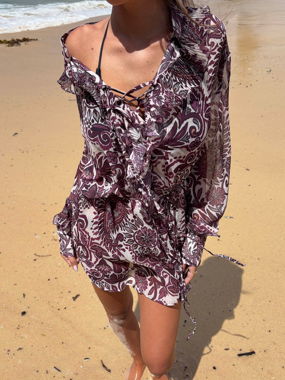 Rose kjole med flæser - Lilla/hvid