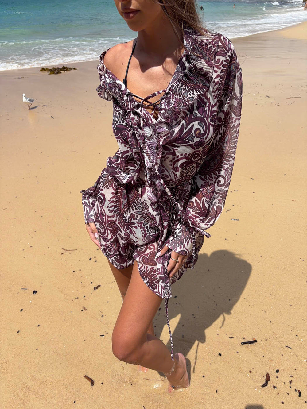 Rose kjole med flæser - Lilla/hvid