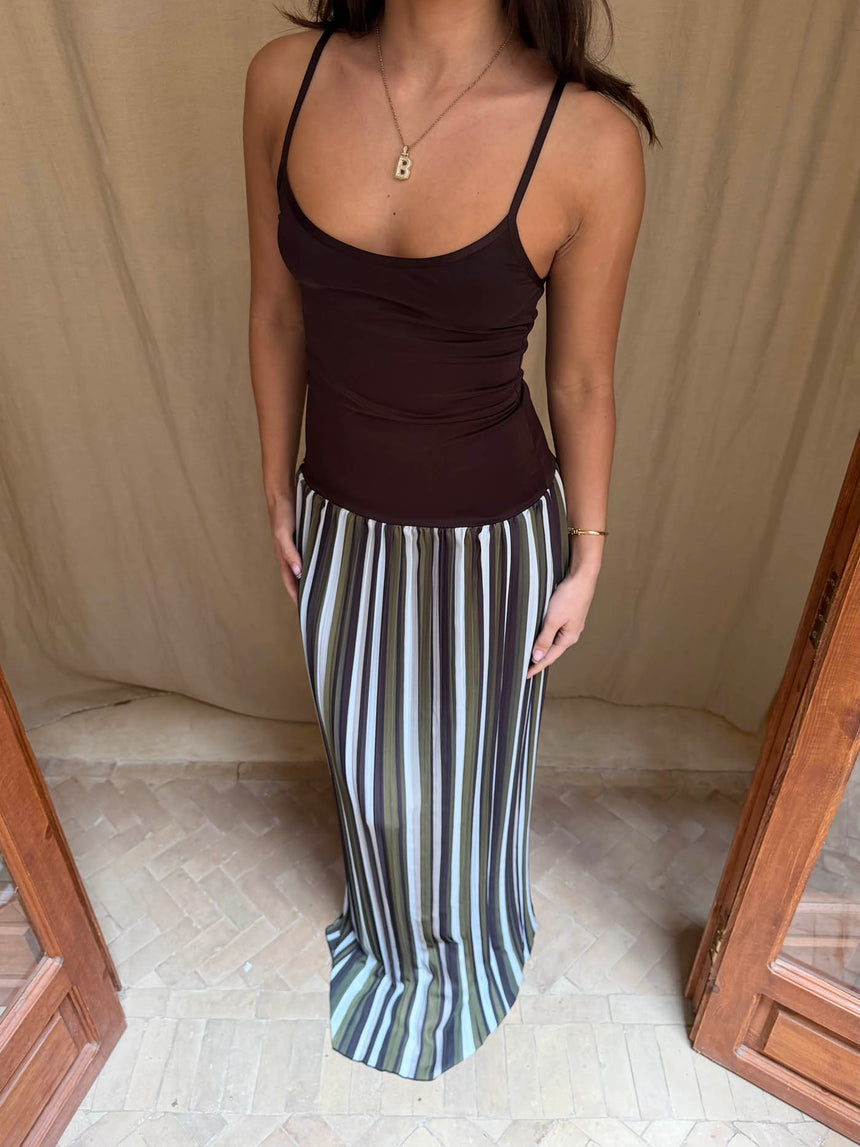 Nessa kjole med striber - Grøn/brun/hvid