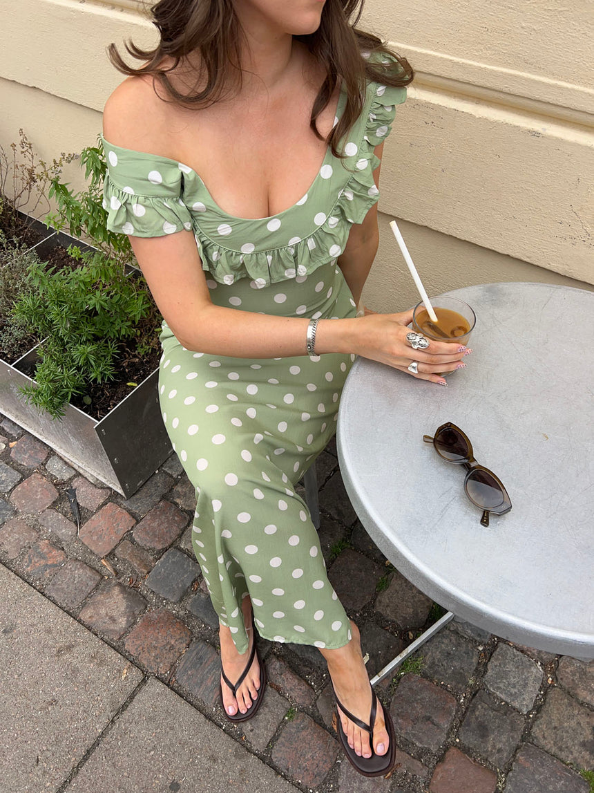 Luna kjole med polka prikker - Grøn/hvid
