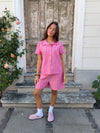 Luliana kortærmet skjorte med striber - Pink/hvid/sort