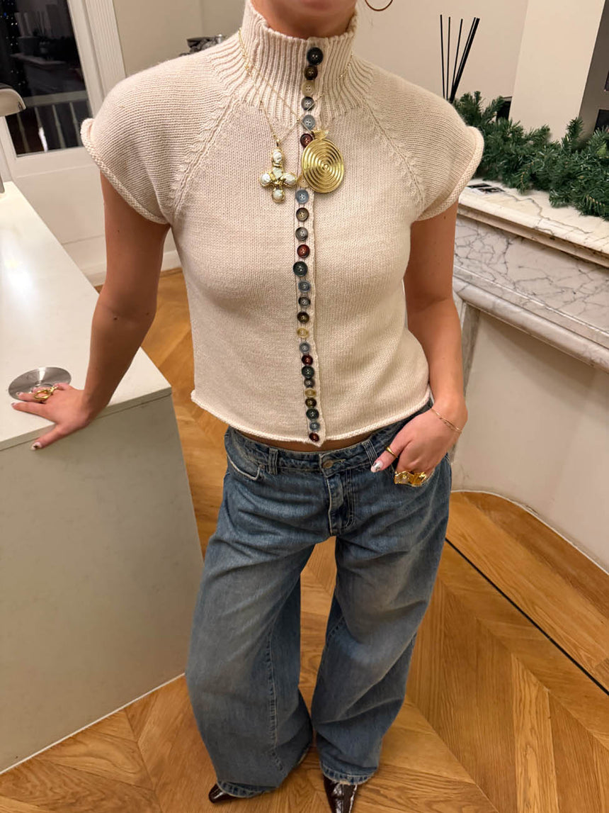 Scandivv kortærmet strik med knapper - Beige/off white