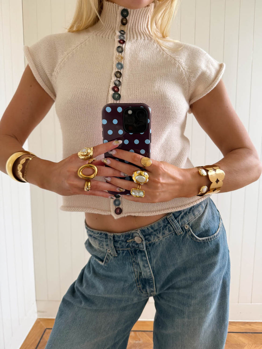 Scandivv kortærmet strik med knapper - Beige/off white