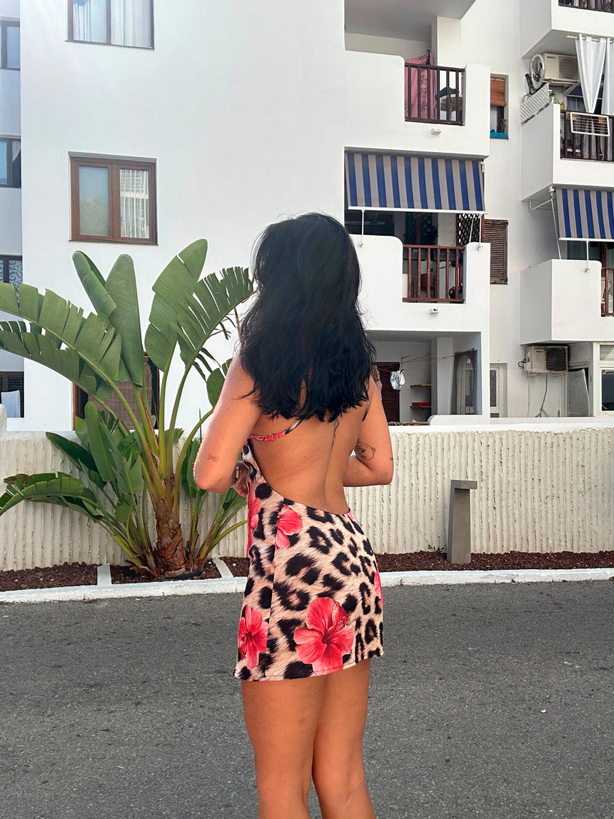 Orchida leopardkjole med blomster - Sort/brun/pink