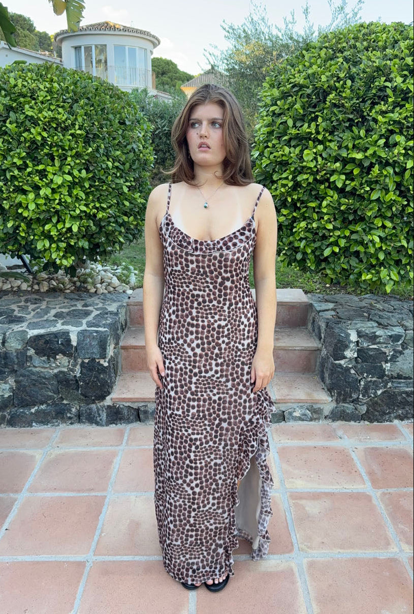 Ganny maxi kjole med prikker - Brun/beige