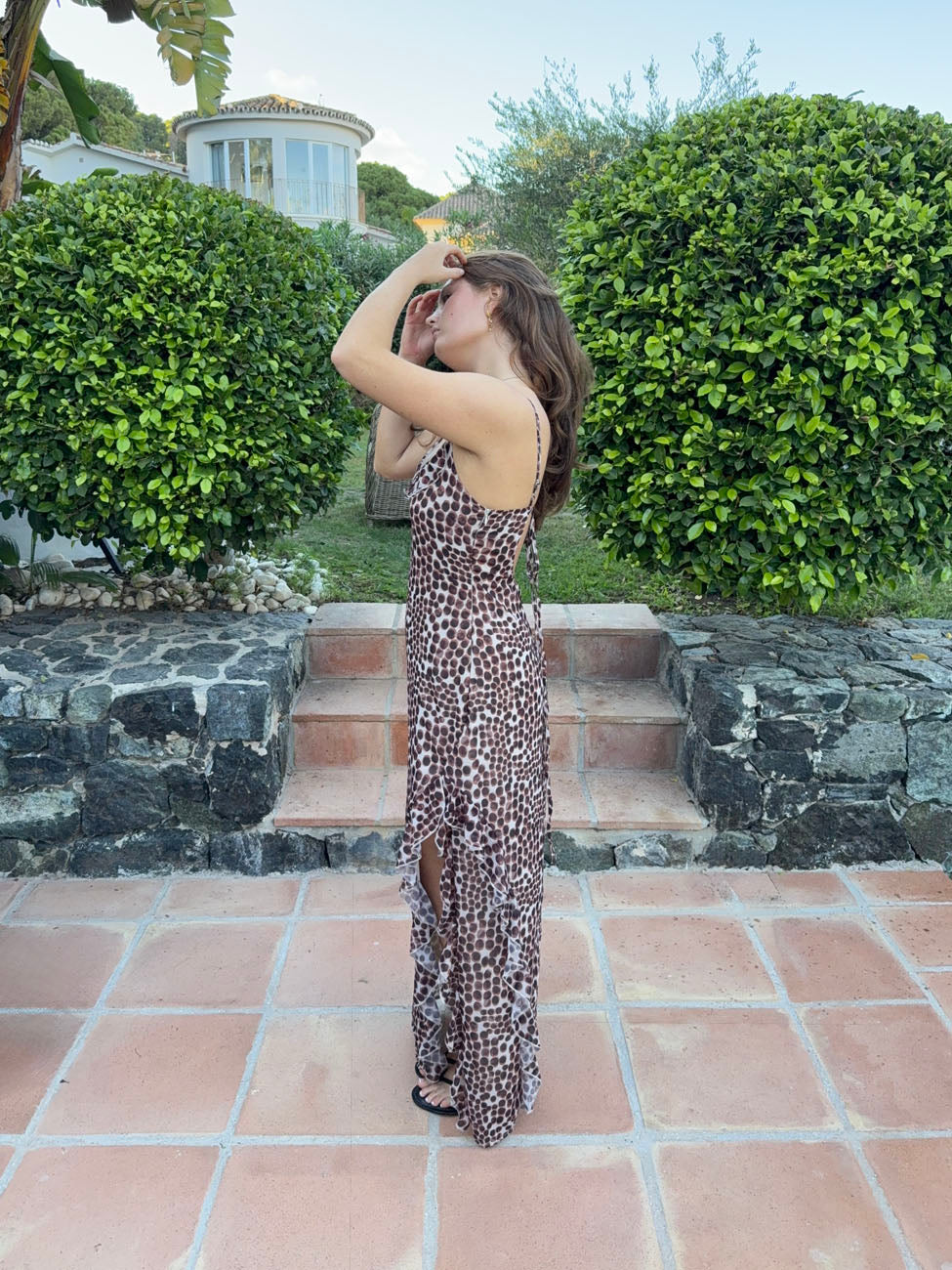 Ganny maxi kjole med prikker - Brun/beige