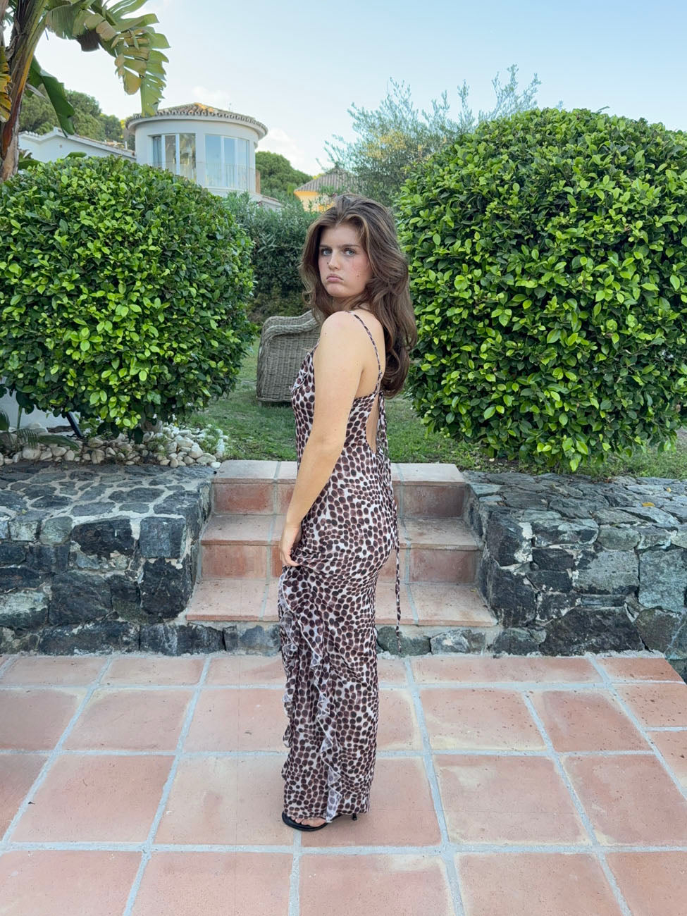 Ganny maxi kjole med prikker - Brun/beige