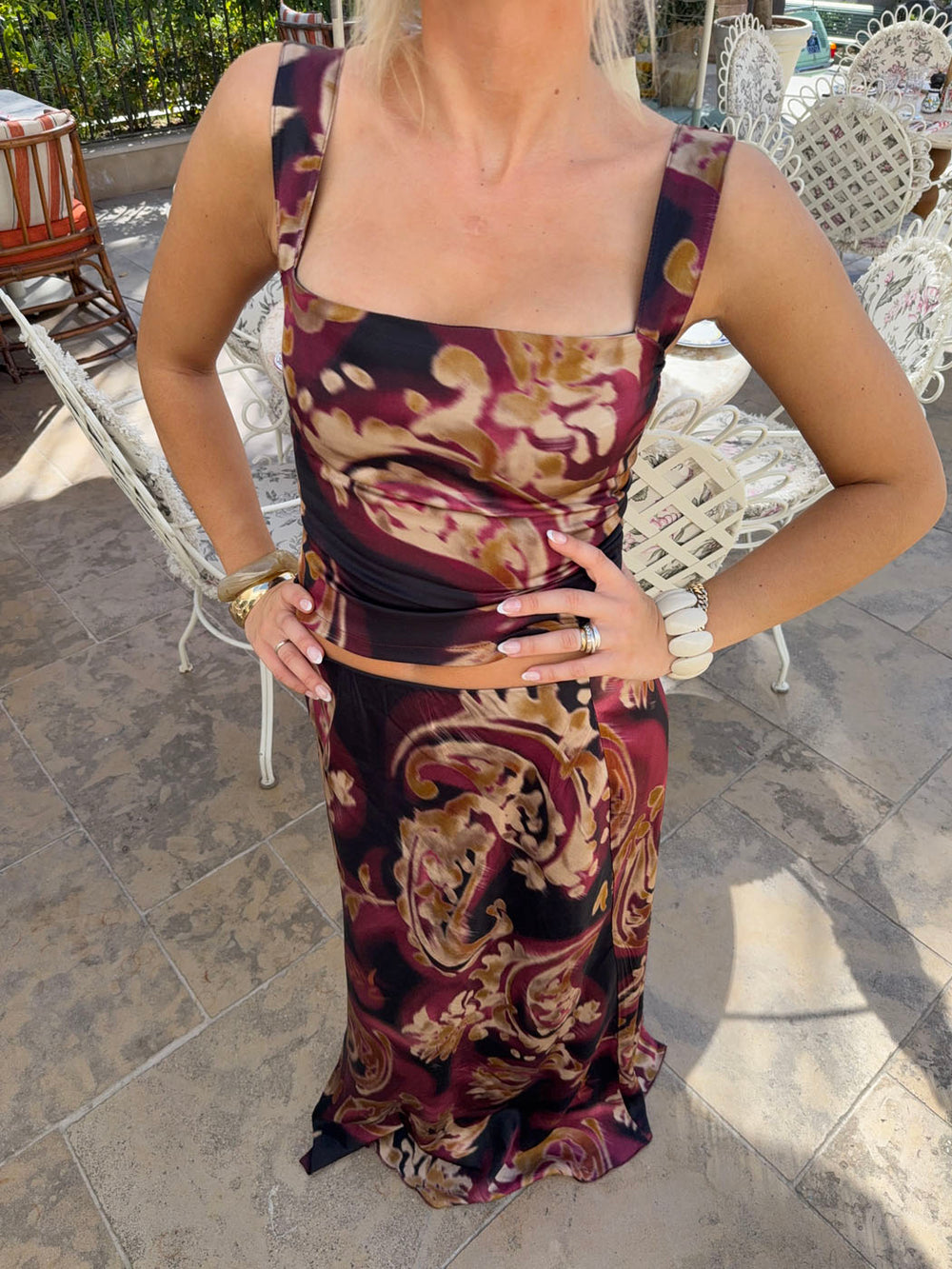 Latilde maxi nederdel med print - Sort/beige/lilla