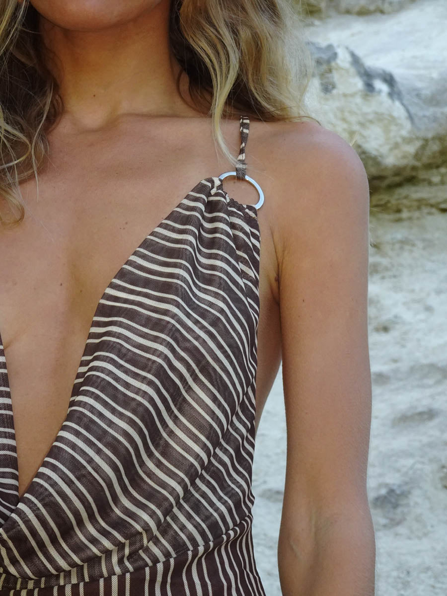 Sabi mesh kjole med striber - Brun/cream
