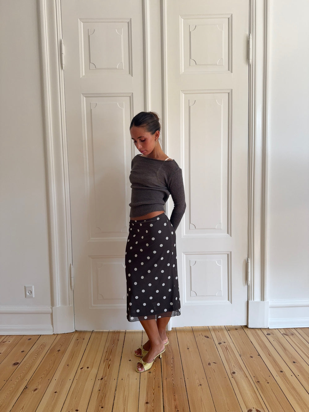 Daniella mesh nederdel med polka prikker - Brun/hvid