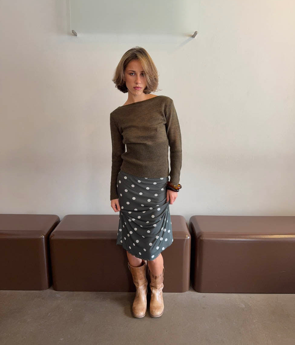 Nielsine mesh nederdel med polka prikker - Kaki/hvid