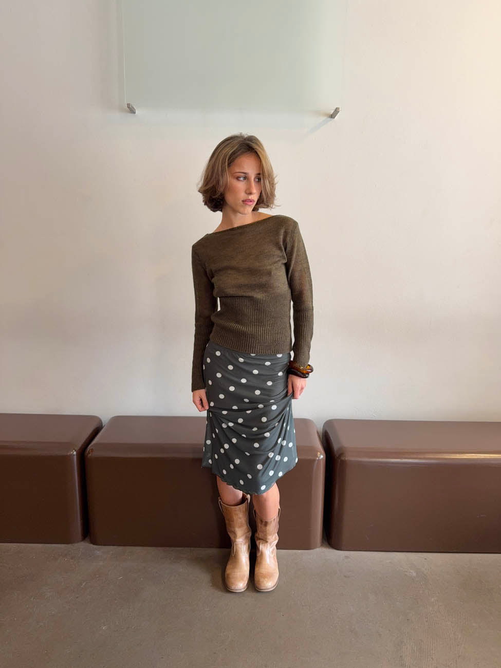 Nielsine mesh nederdel med polka prikker - Kaki/hvid