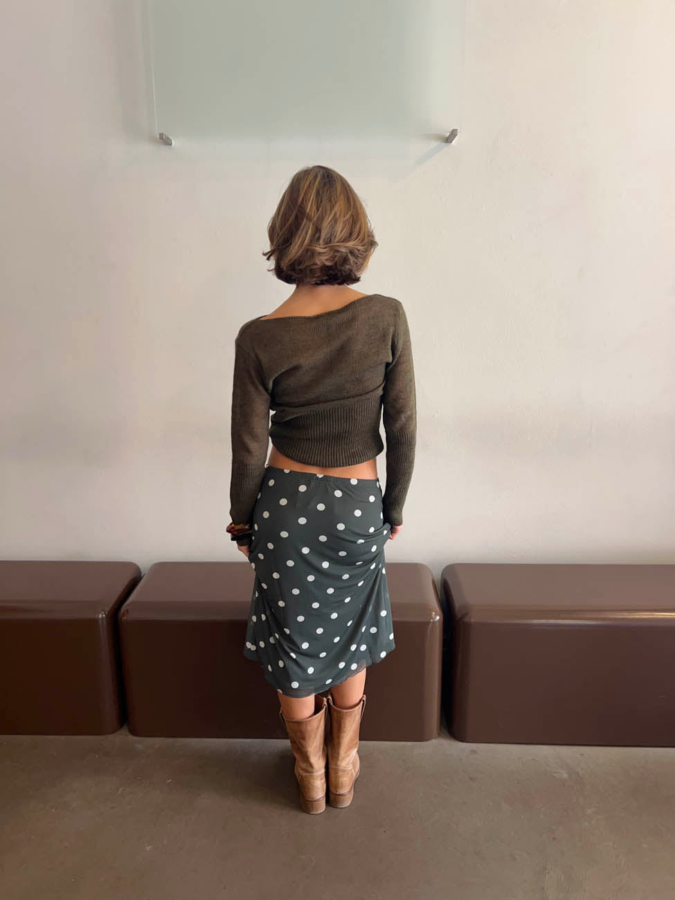 Nielsine mesh nederdel med polka prikker - Kaki/hvid