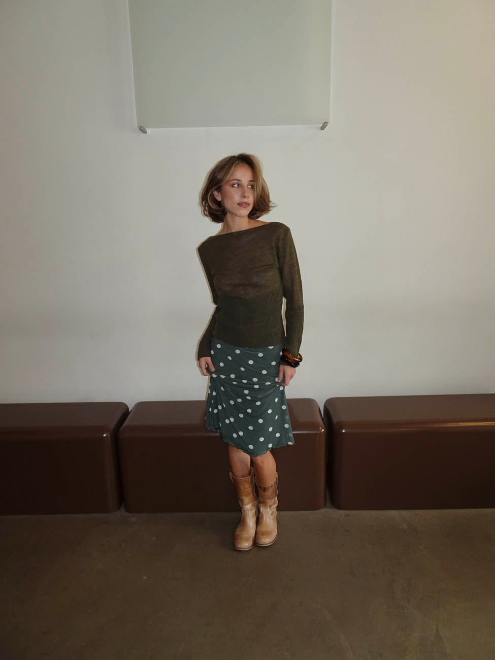 Nielsine mesh nederdel med polka prikker - Kaki/hvid