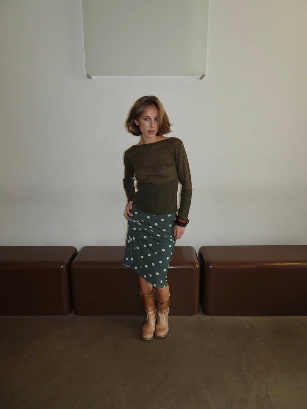 Nielsine mesh nederdel med polka prikker - Kaki/hvid