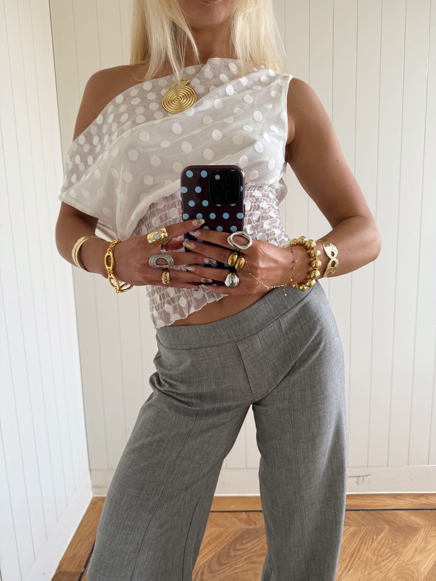 Scandivv mesh top med polkaprikker - Hvid