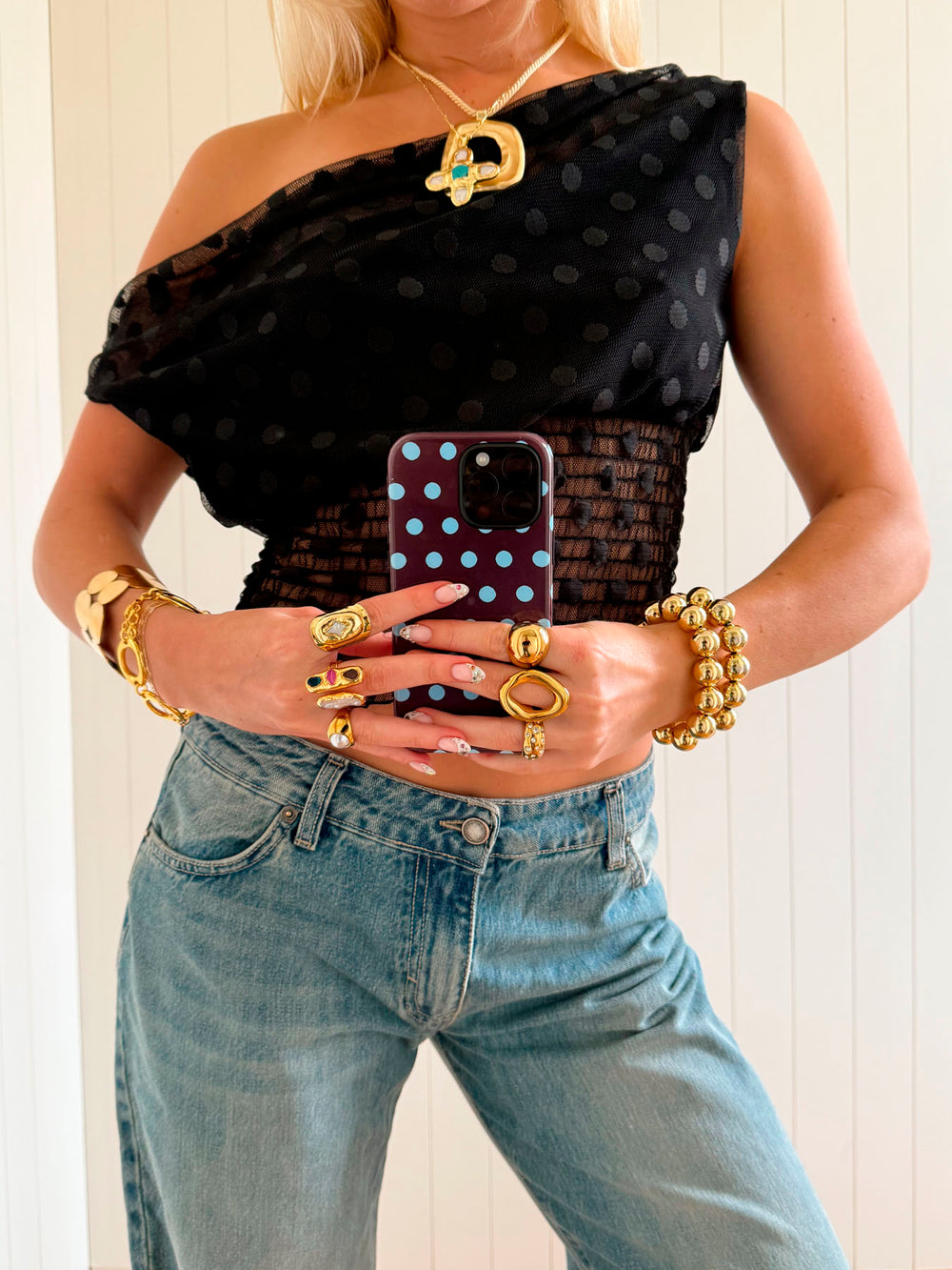 Scandivv mesh top med polkaprikker - Sort