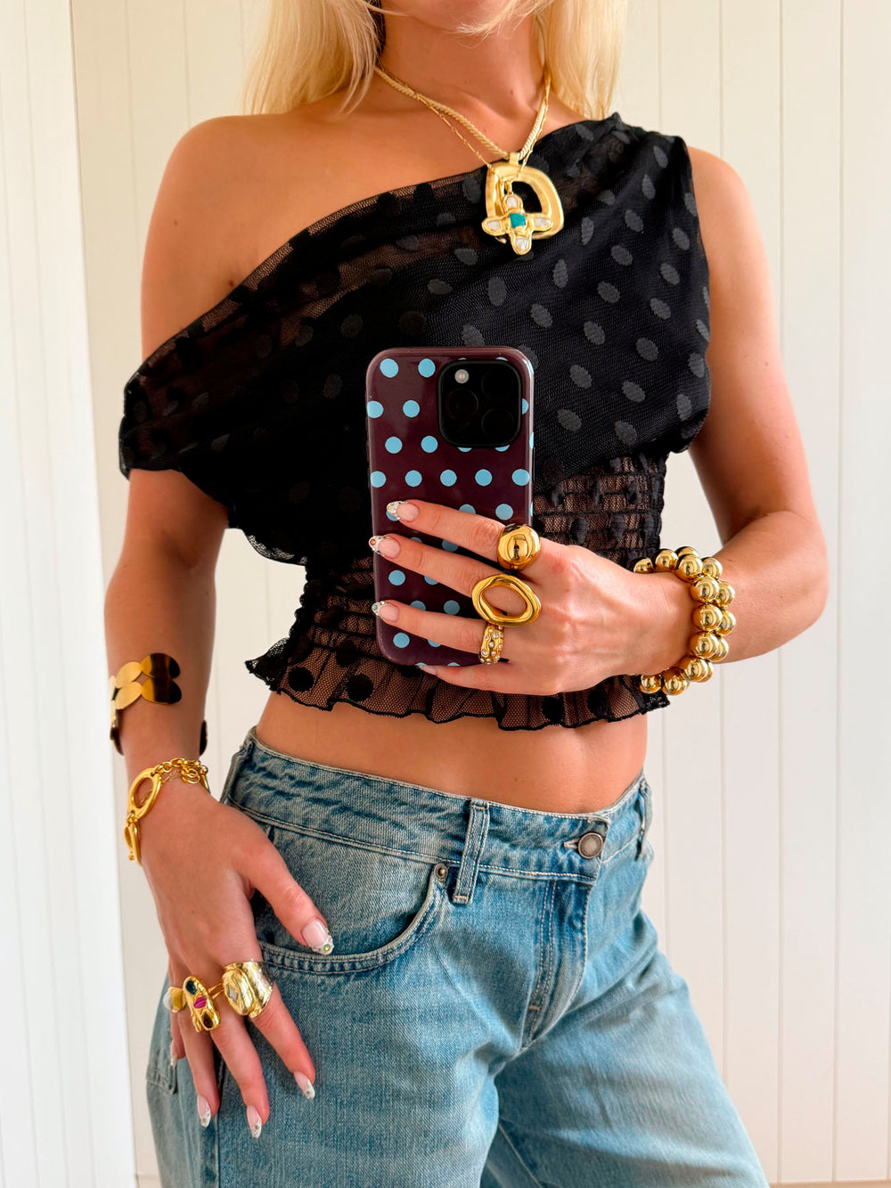 Scandivv mesh top med polkaprikker - Sort