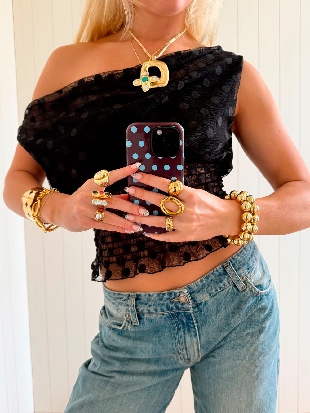 Scandivv mesh top med polkaprikker - Sort