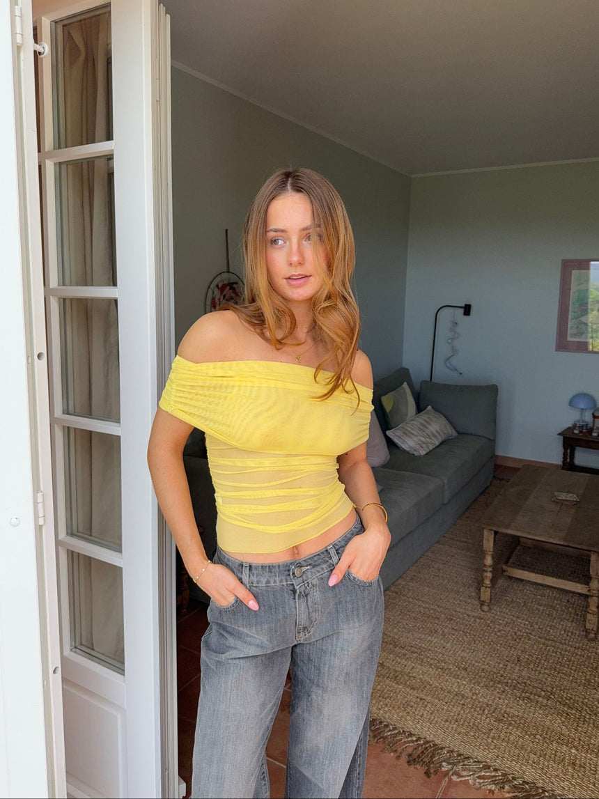 Victoire off shoulder top i mesh - Gul