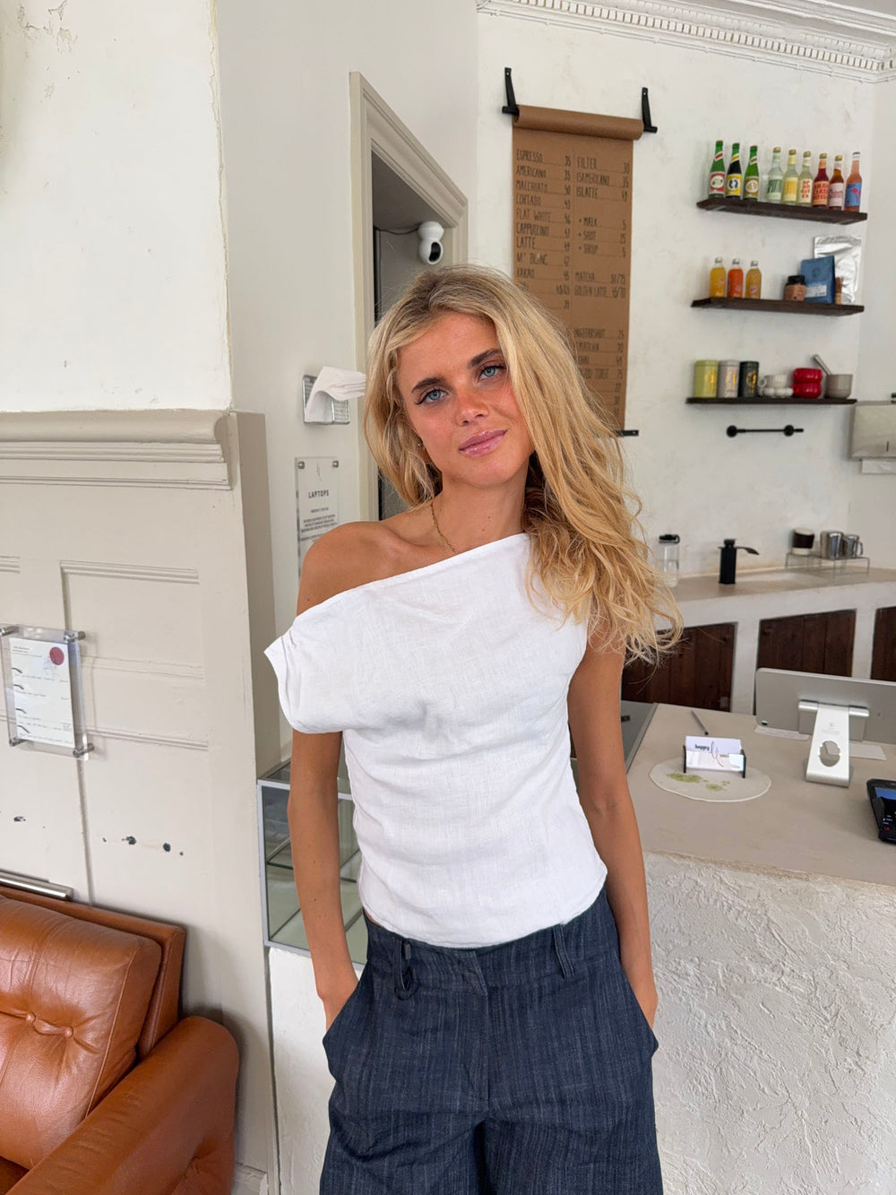 Tiril one shoulder top i hør - Hvid