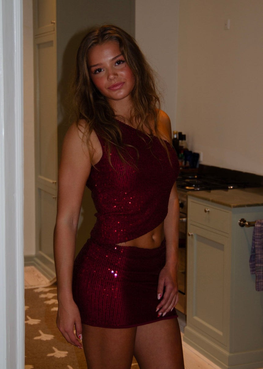 Jolie one shoulder top med pallietter - Rød