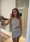 Jolie one shoulder top med pallietter - Beige/sølv